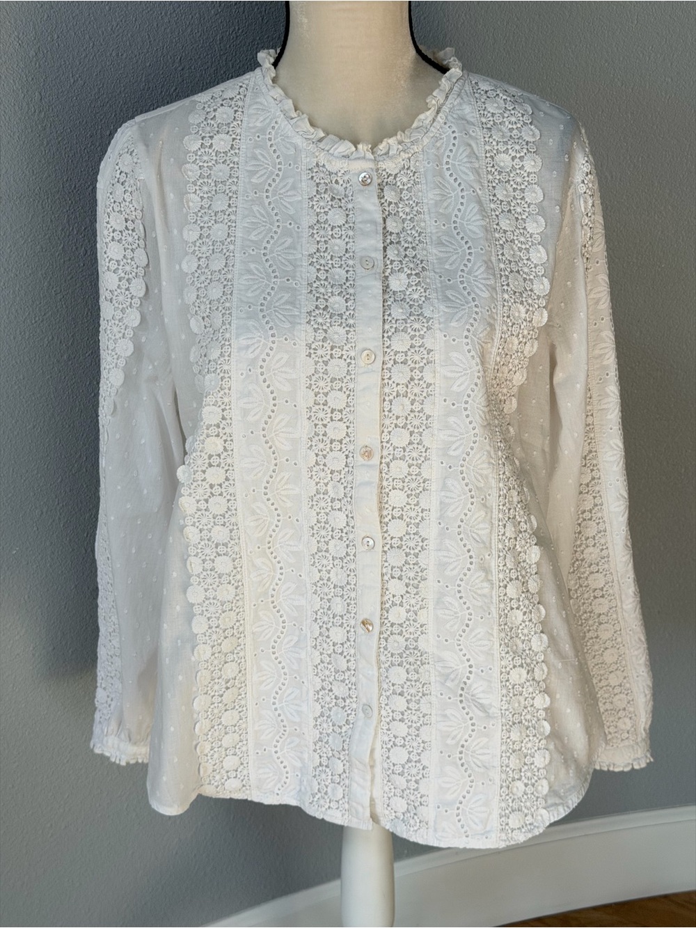 Sundance Mirabelle Dotted Swiss Eyelet Lace Cotton Blouse White XL